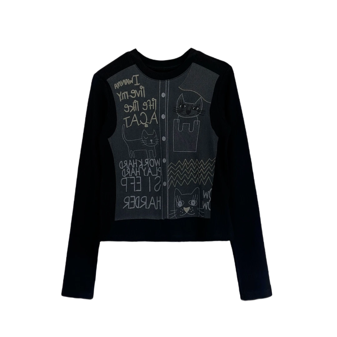 586【哈迪专属】韩式小众设计师买手印花猫打底衫