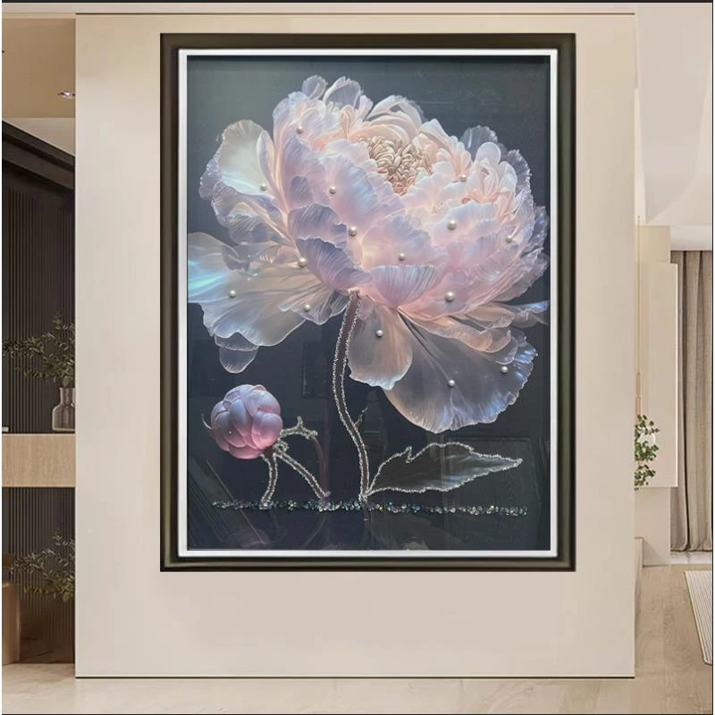 Q221光影牡丹时尚餐厅客厅轻奢挂画钢化玻璃装裱实物鎏金画装饰画