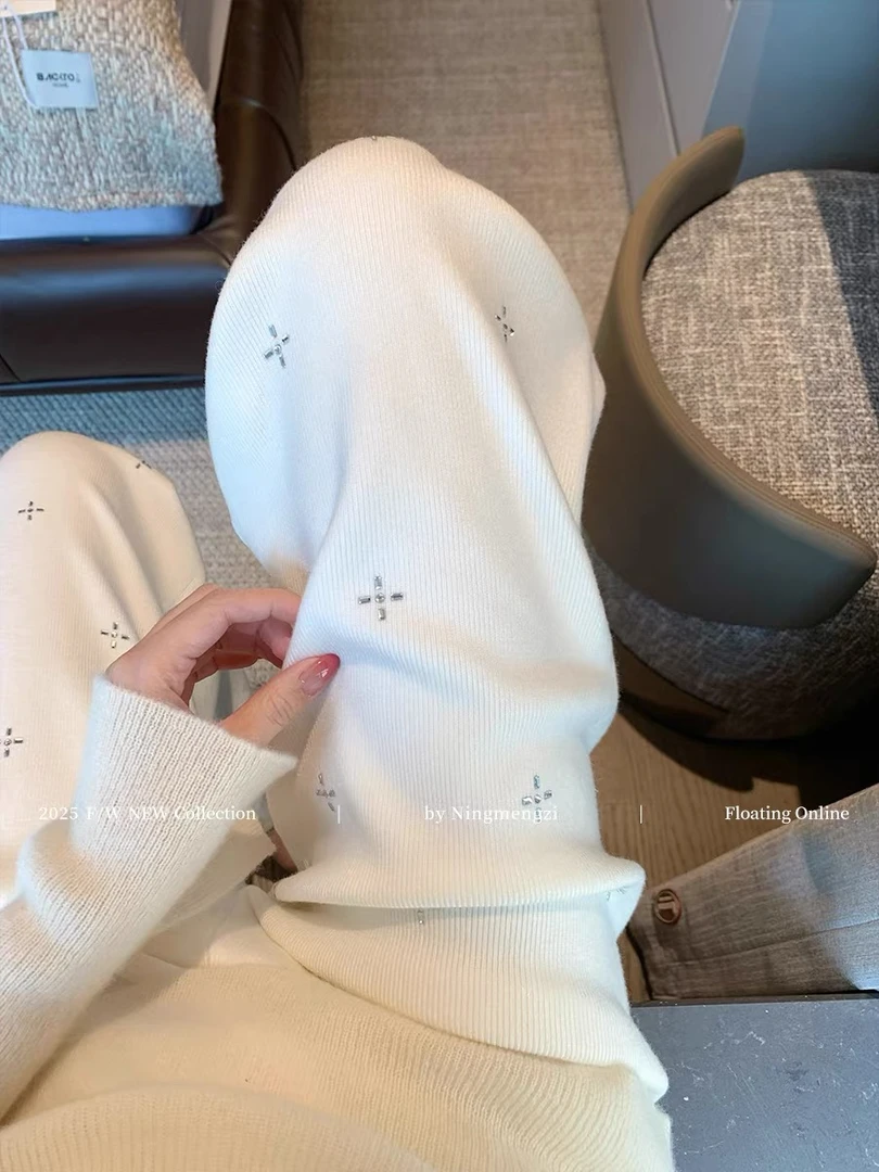 白色烫钻针织阔腿裤女高腰2025秋冬新款慵懒风垂感显瘦百搭直筒裤