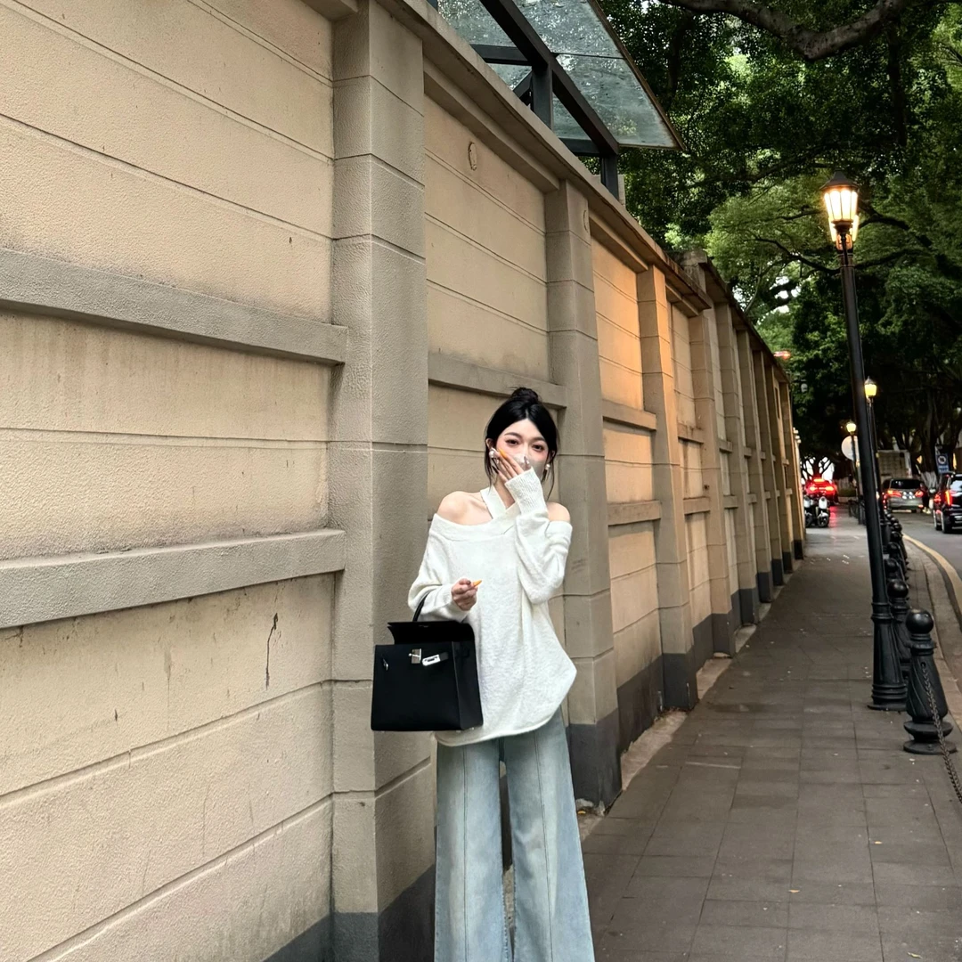 大静推荐【雪芙陷阱】圈圈纱一字肩挂脖毛衣女新款秋冬宽松慵懒上衣