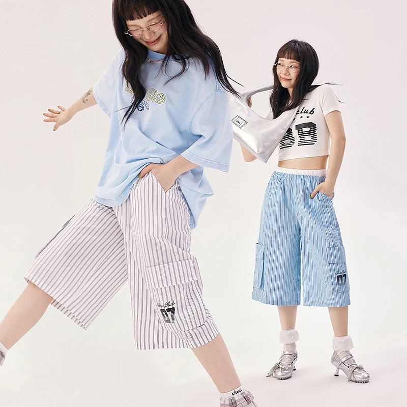 CHUU夏季女装多口袋七分设计字母印花拼接阔腿轻薄个性休闲裤