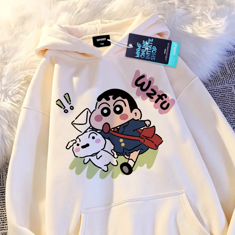 2025秋冬季男女童加绒连帽卫衣卡通蜡笔小新印花中大童宽松上衣服