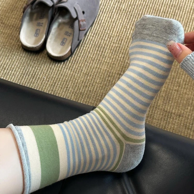 春夏季百搭中筒堆堆袜条纹袜子女配勃肯鞋春秋款中筒袜棉袜月子袜