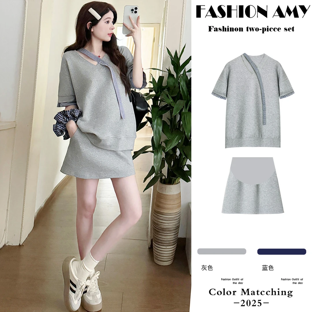 孕妇套装夏装新款时尚韩版洋气拼接格子飘带短袖上衣显瘦半身裙子