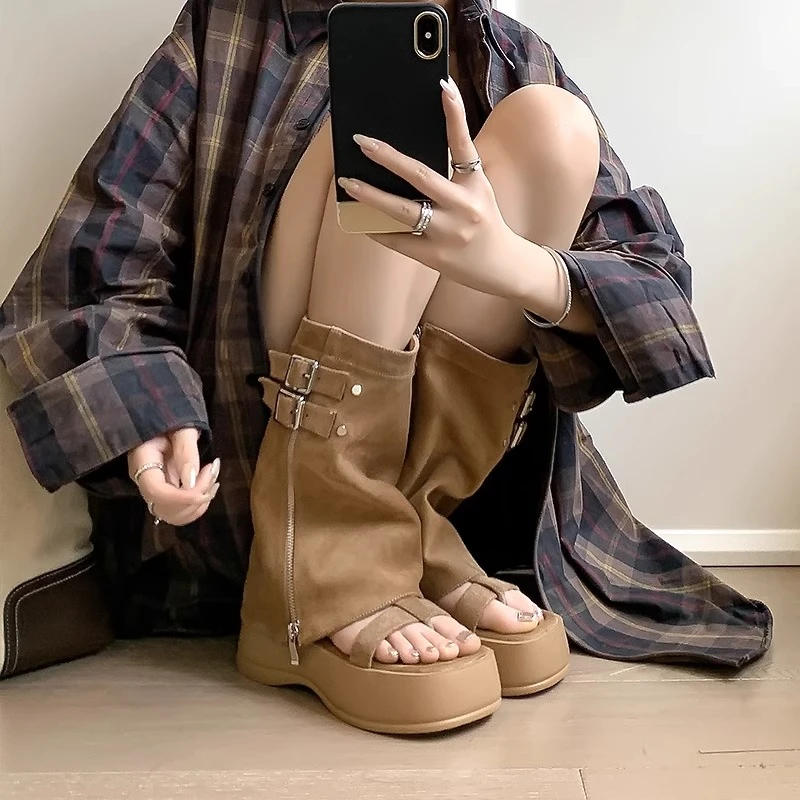 两穿夹趾凉靴女夏季镂空长靴增高厚底裤管靴夹脚凉鞋夏天高筒靴子