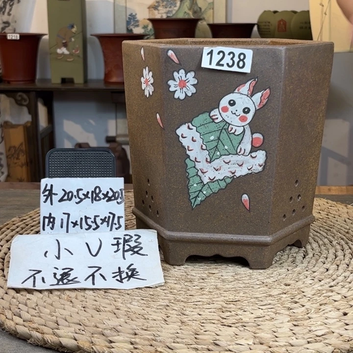 花盆紫砂  微微瑕柴烧彩绘六方1238