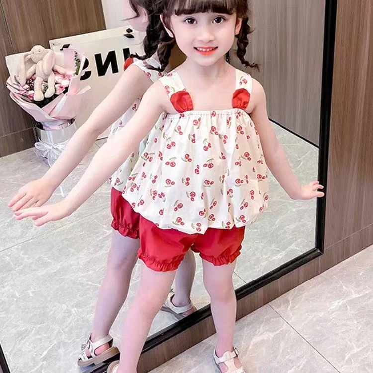 女童夏季洋气樱桃满印吊带上衣红色短裤套装3122033