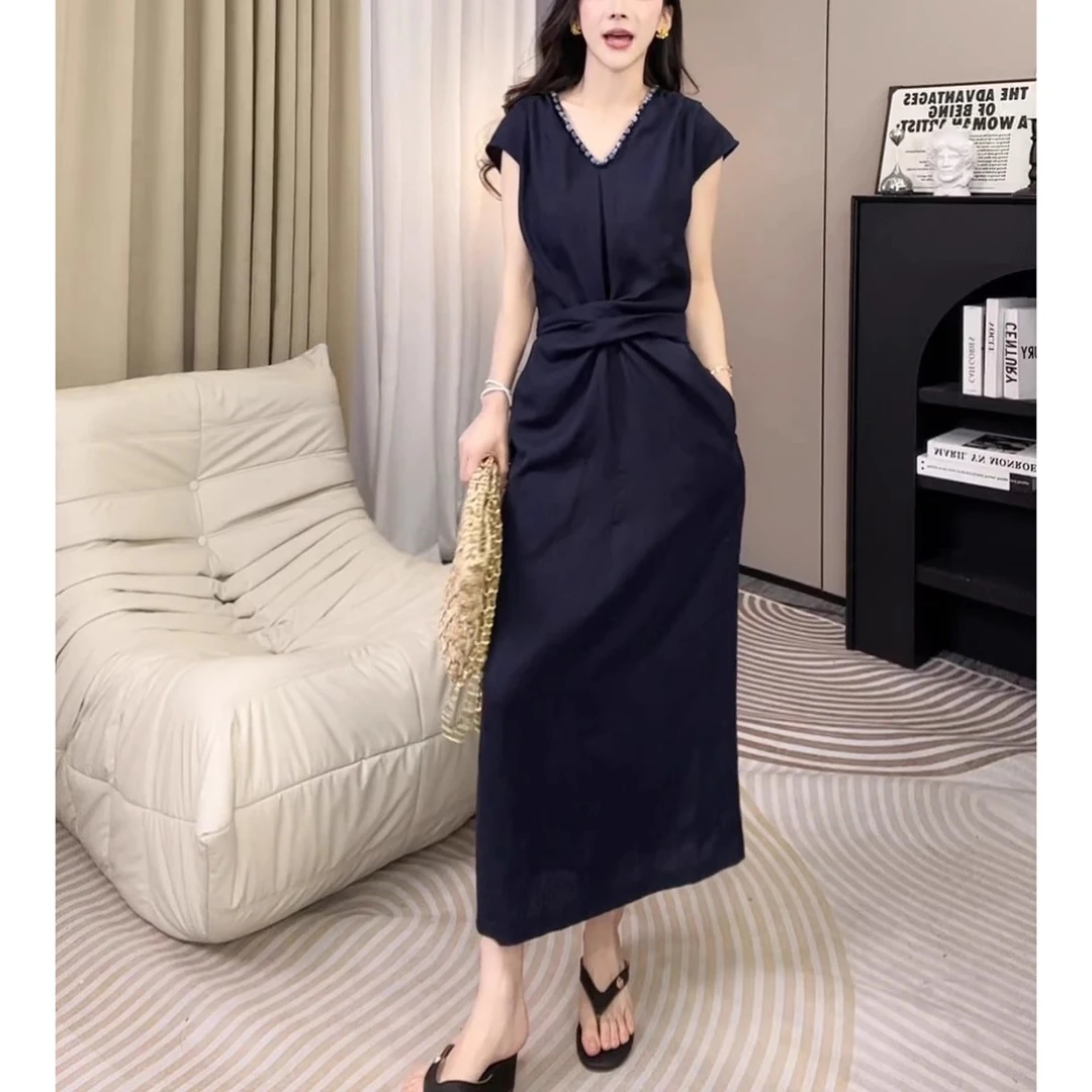 纯色简约通勤显瘦气质高腰中长裙夏季修身系带设计感中长款连衣裙