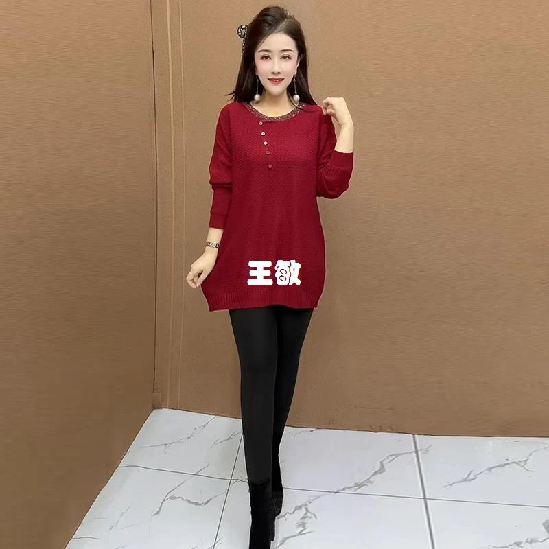 时尚烫钻圆领小扣针织连衣裙女士秋冬新款长袖显瘦百搭毛衣打底衫