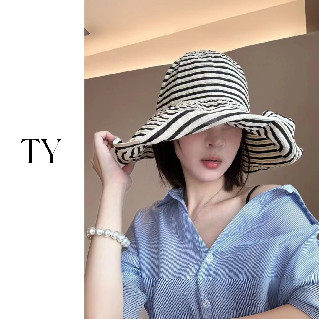 太一ZNSUVCUT胶片日记优雅复古气质织带黑米白条纹大帽檐遮阳帽