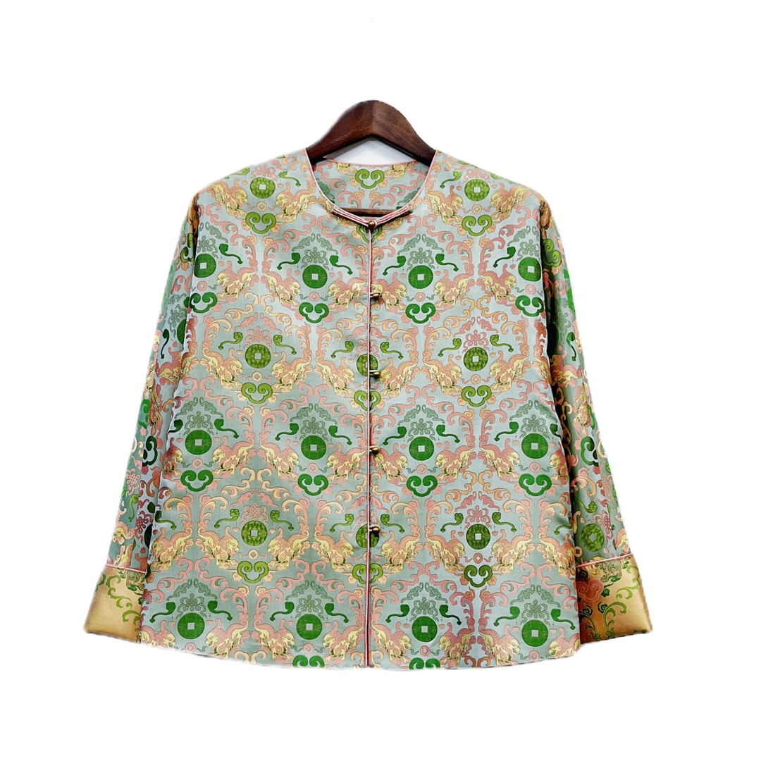 【天使缎府】钱小萍铜钱貔貅圆领五粒扣宋锦时尚休闲长袖外套上衣