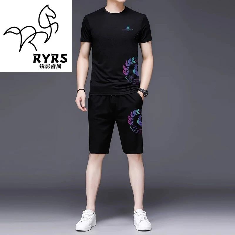 欧货公鸡夏季男冰丝短袖短裤套装2025新款青年帅气一套搭配运动服