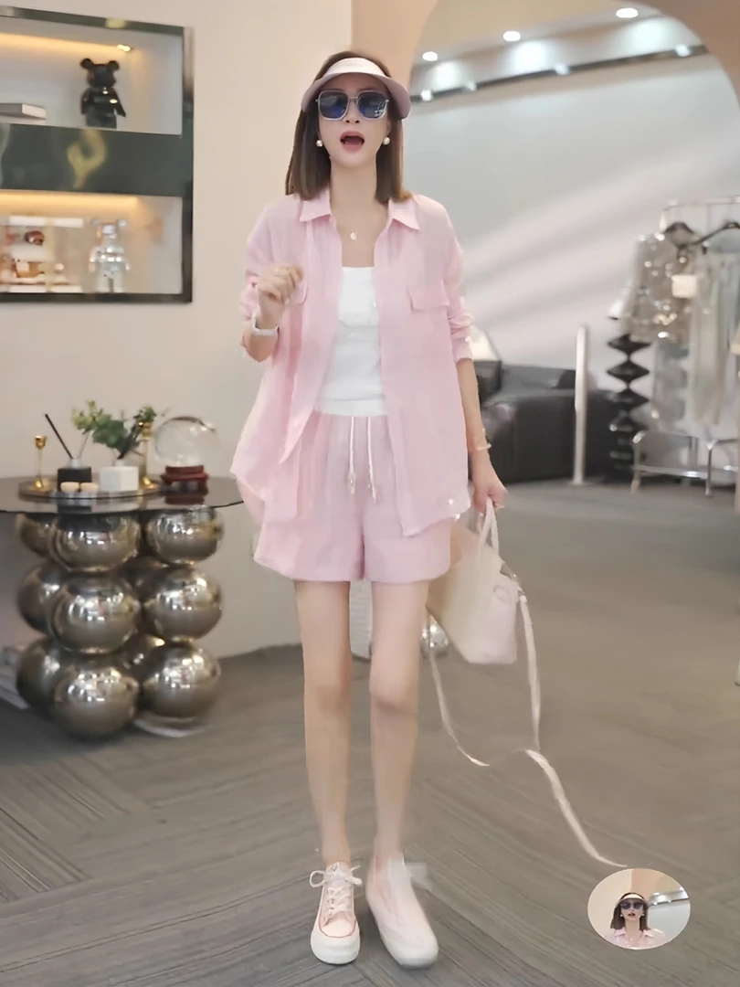 韩版气质休闲时尚套装女2025夏季洋气粉色防晒外搭衬衫短裤两件套