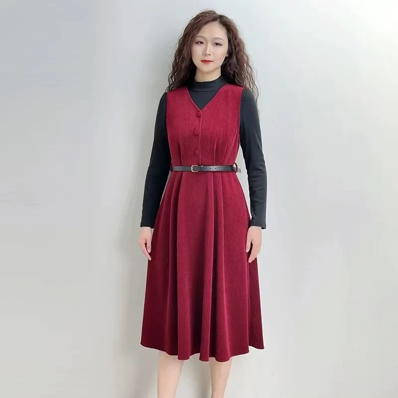 1112时尚套裙早春中长背心连衣裙厚款两件套2024新款