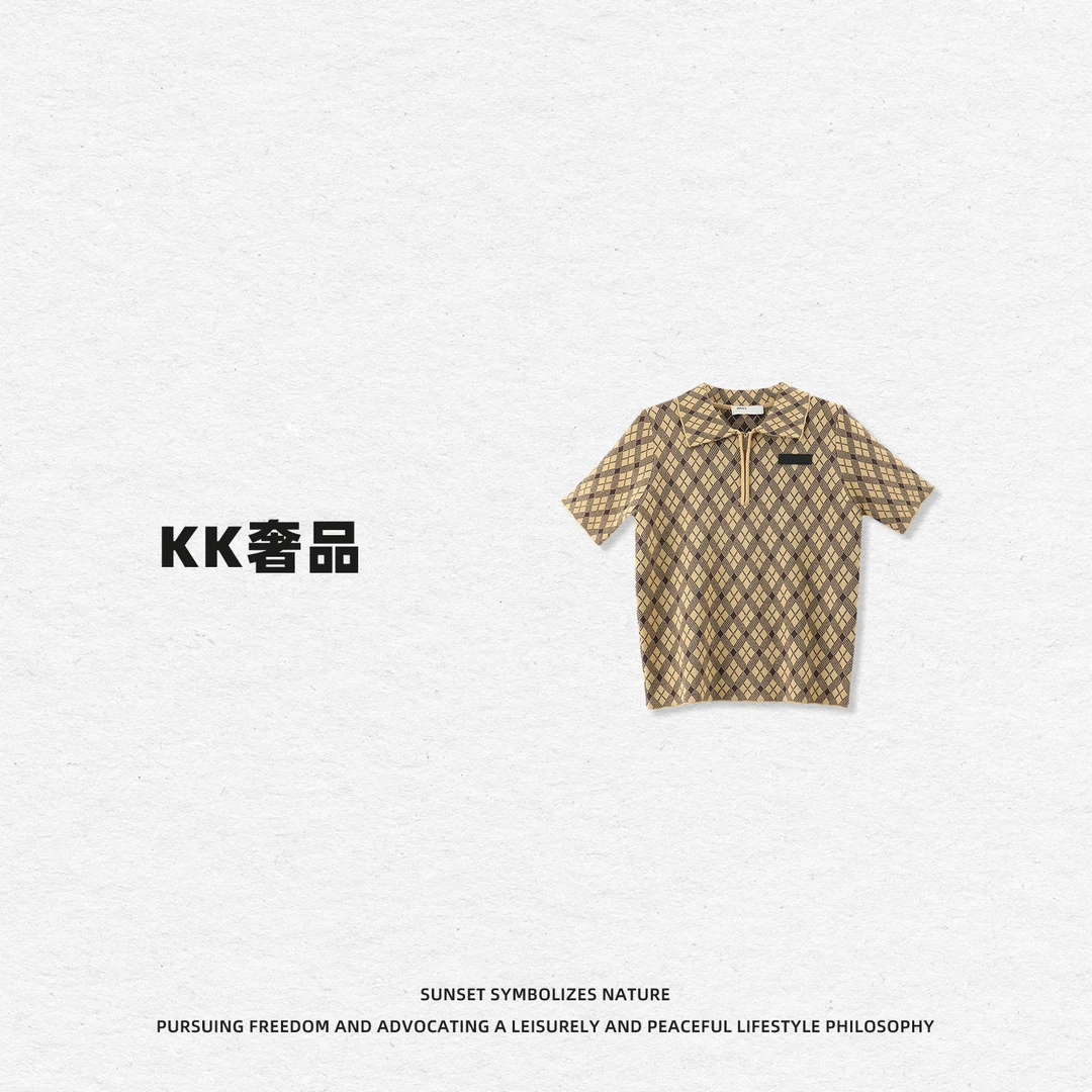 KK【复古女孩】2520399夏季新款小众设计感撞色修身短袖半拉链T恤