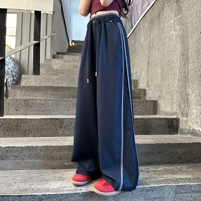 女童夏季天丝牛仔裤薄款2025新款6-12岁中大儿童洋气直筒阔腿裤潮
