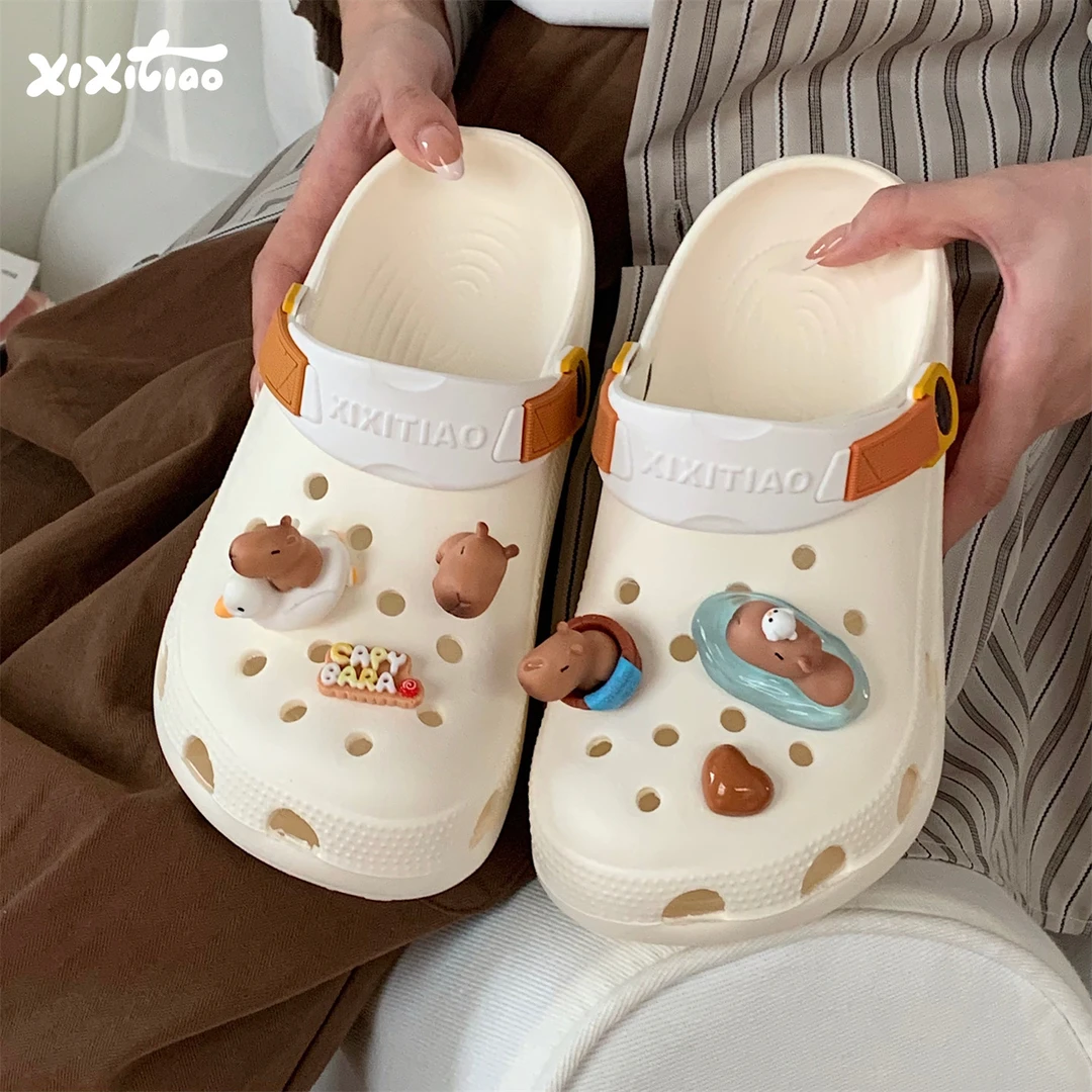 细细条 沙滩凉拖可爱卡皮巴拉水豚2025创意时尚防滑男女洞洞鞋夏