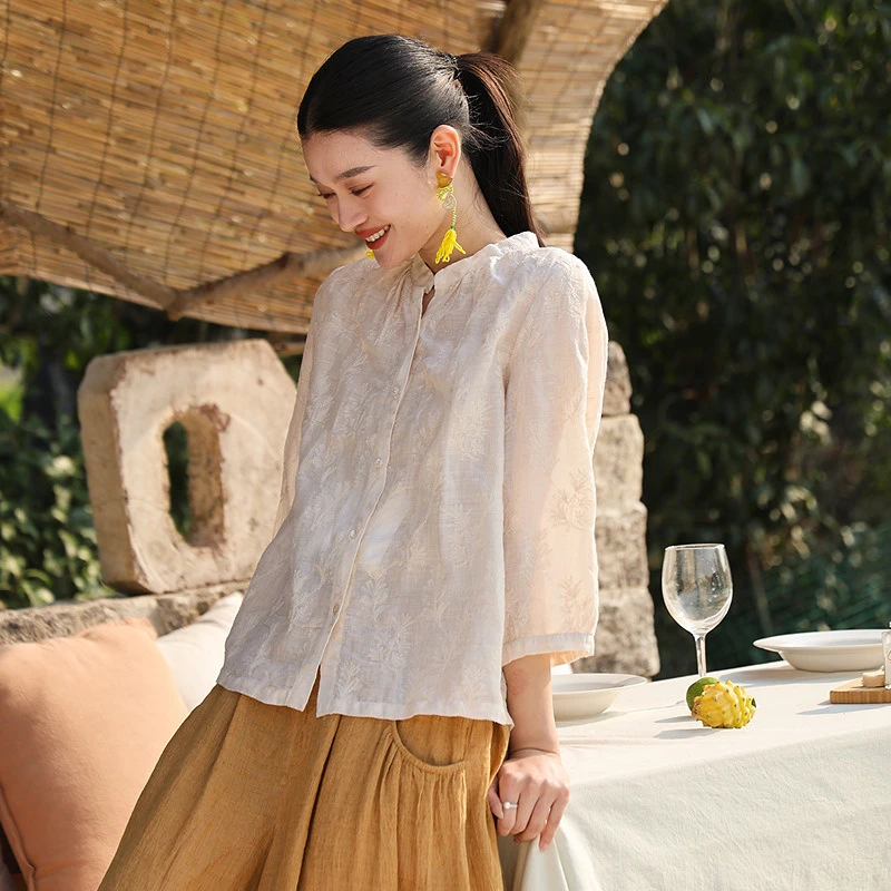 旅行女装268朵/苎麻底绣花立领开襟七分袖衬衫温柔百搭开衫女