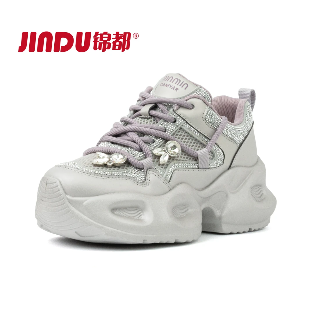 JINDU/锦都水钻厚底增高老爹鞋2025夏透网透气时尚舒适休闲运动鞋