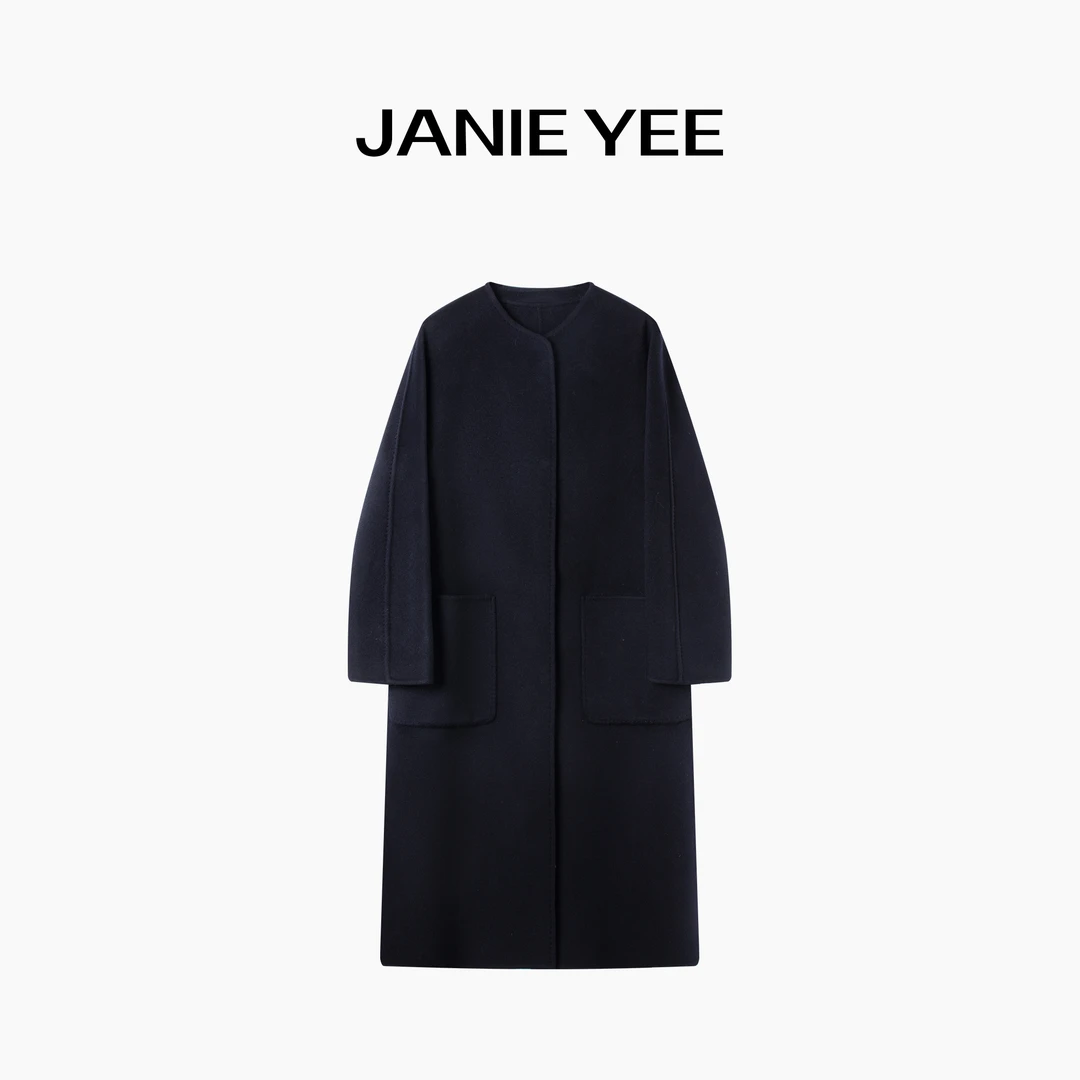 Janie Yee"纸片人"羊绒羊毛显瘦极简长款双面尼大衣外套 25A3271