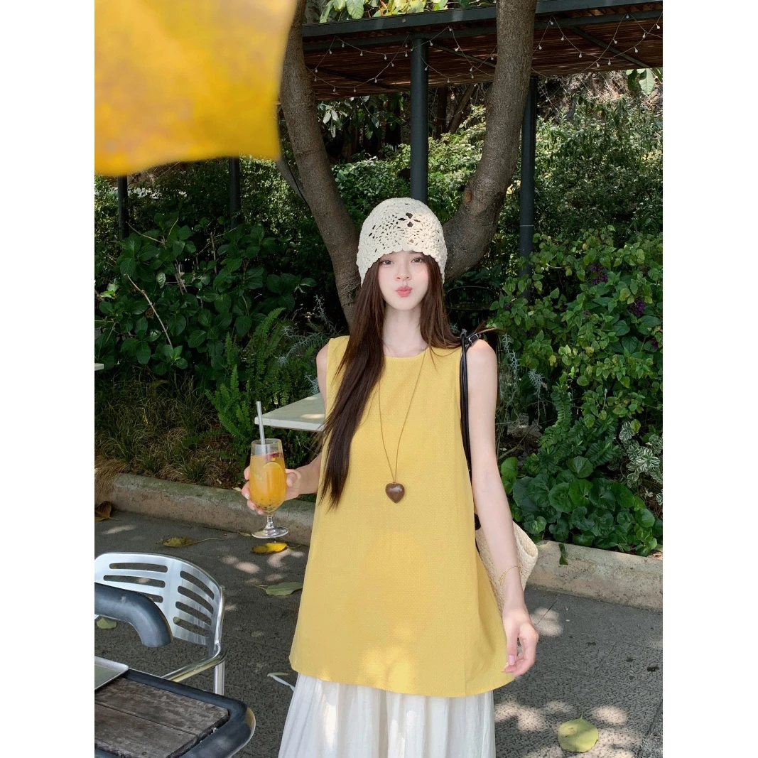 通勤显瘦韩系简约无袖点点背心衬衫夏季新款宽松显瘦中长款上衣女