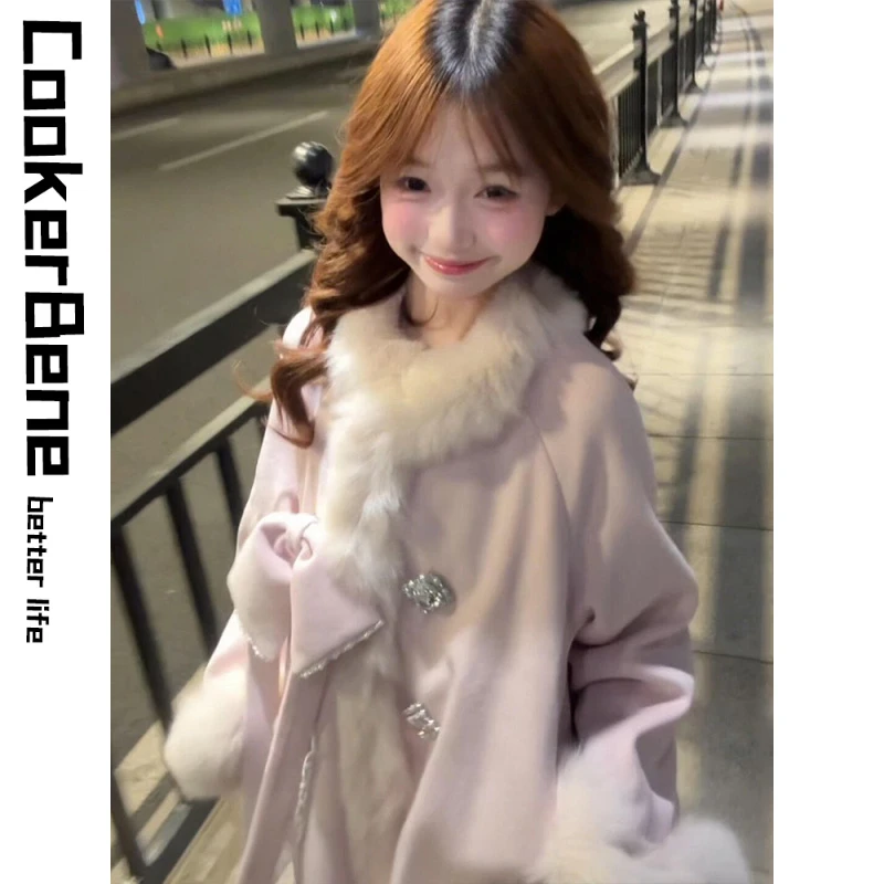 【雪国千金】甜美千金感毛领粉色呢大衣女秋冬新款温柔小众毛呢外套