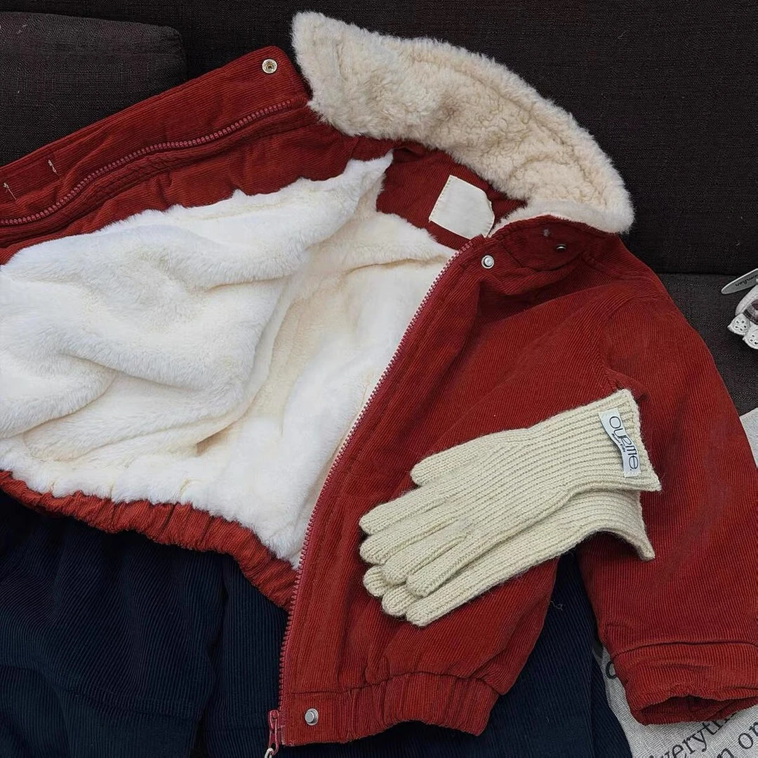 韩国童装红色男童外套冬季洋气新年拜年服儿童加绒过年服