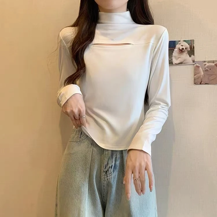 1988镂空打底衫女立领长袖t恤半高领秋新款性感小众设计洋气上衣