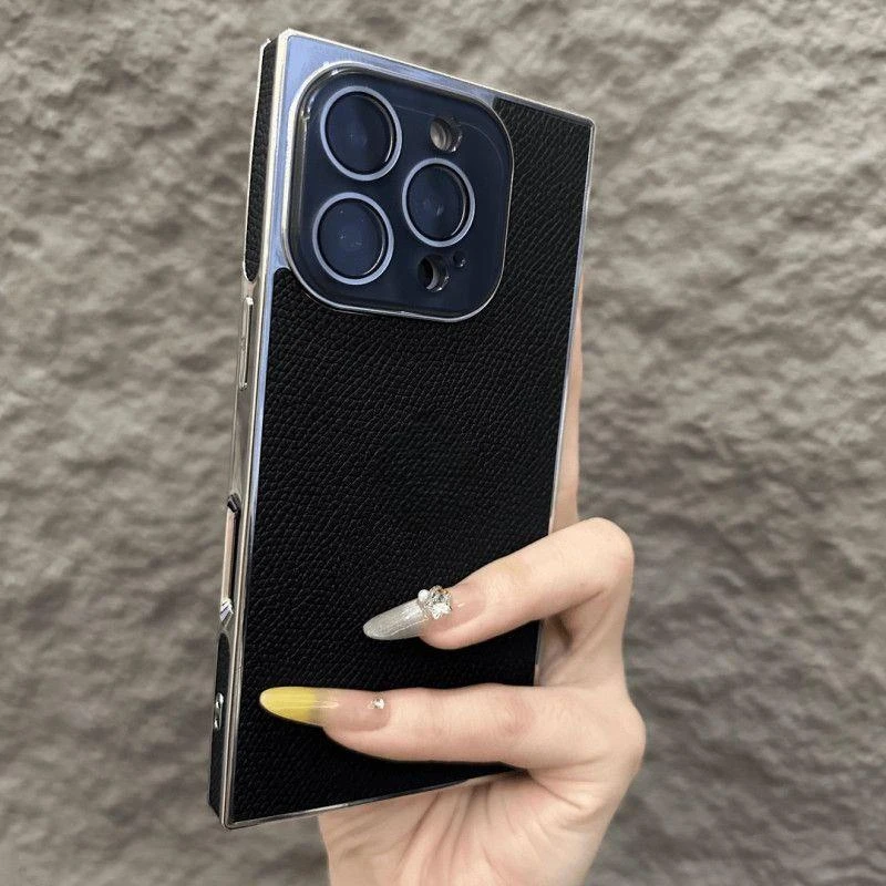 高级方形荔枝纹适用苹果16promax手机壳新款iPhone15电镀13创意16