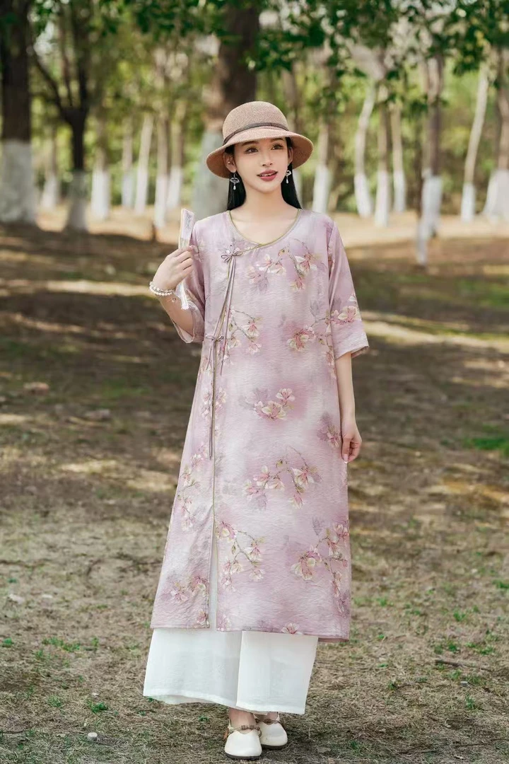 0101-0115套头刺绣白色麻料连衣裙女装旗袍圆领新中式夏季复古