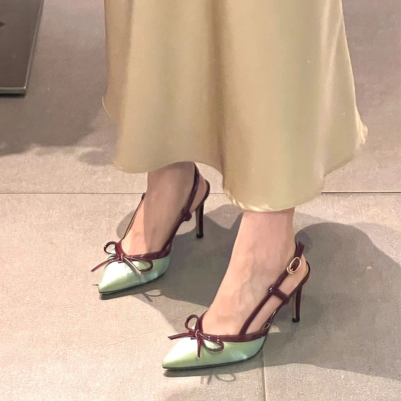 2025新款包头浅口蝴蝶结一字扣带品质凉鞋女仙女风尖头细跟高跟鞋