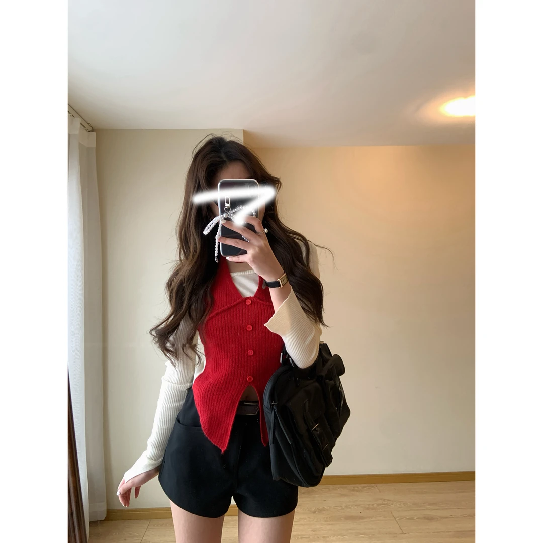 【假两件纯欲打底衫】设计感撞色韩系简约挂脖针织上衣女修身百搭
