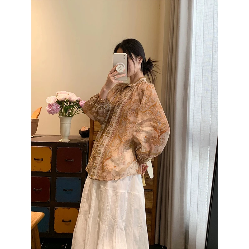 花朵休闲风印花宫廷风衬衫小众复古秋季立领