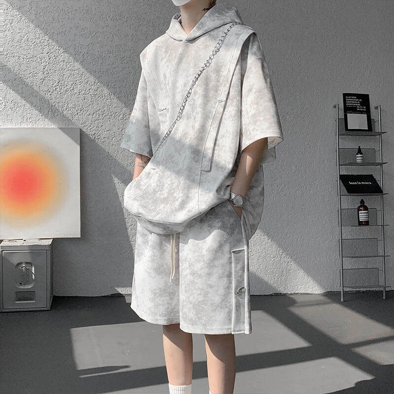 扎染脏脏连帽套装男短袖上衣T恤ins夏季加肥大码潮牌宽松痞帅一套