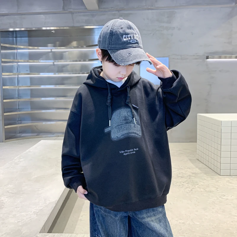 男童2025新款秋冬款加绒帽子印花加绒连帽卫衣中大童时尚卫衣童装