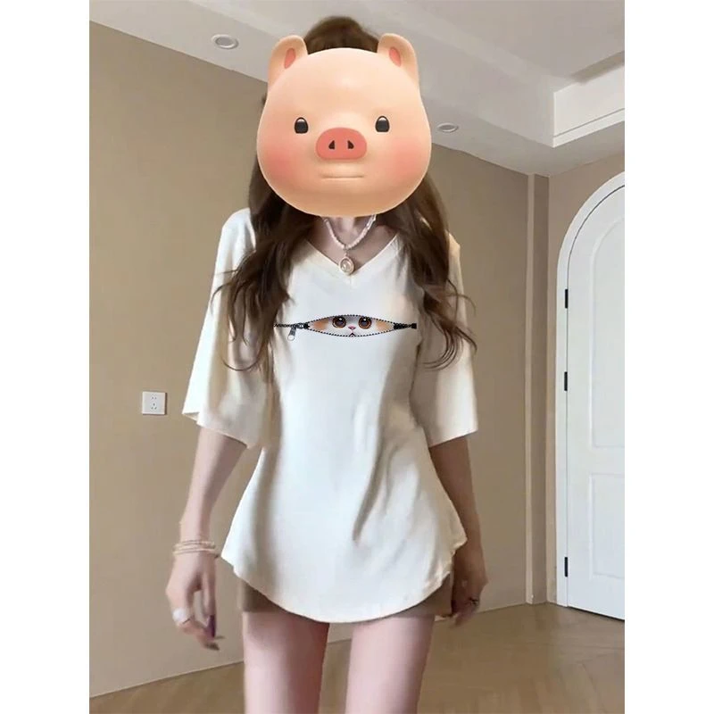 V领辣妹掐腰超好看休闲五分袖T恤女夏季微胖mm巨遮肉显瘦纯欲上衣