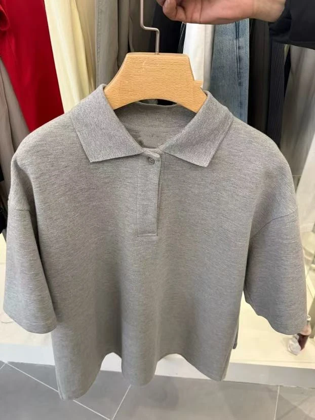 灰色简约翻领休闲百搭T恤 早春new款021113