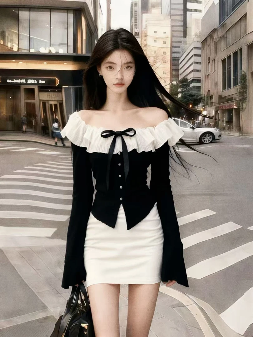 御姐风穿搭撞色单排扣一字肩露肩长袖上衣+白色包臀半身裙两件套