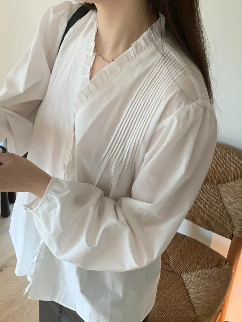 taf  重工 扣子包边褶皱蕾丝衬衫三色