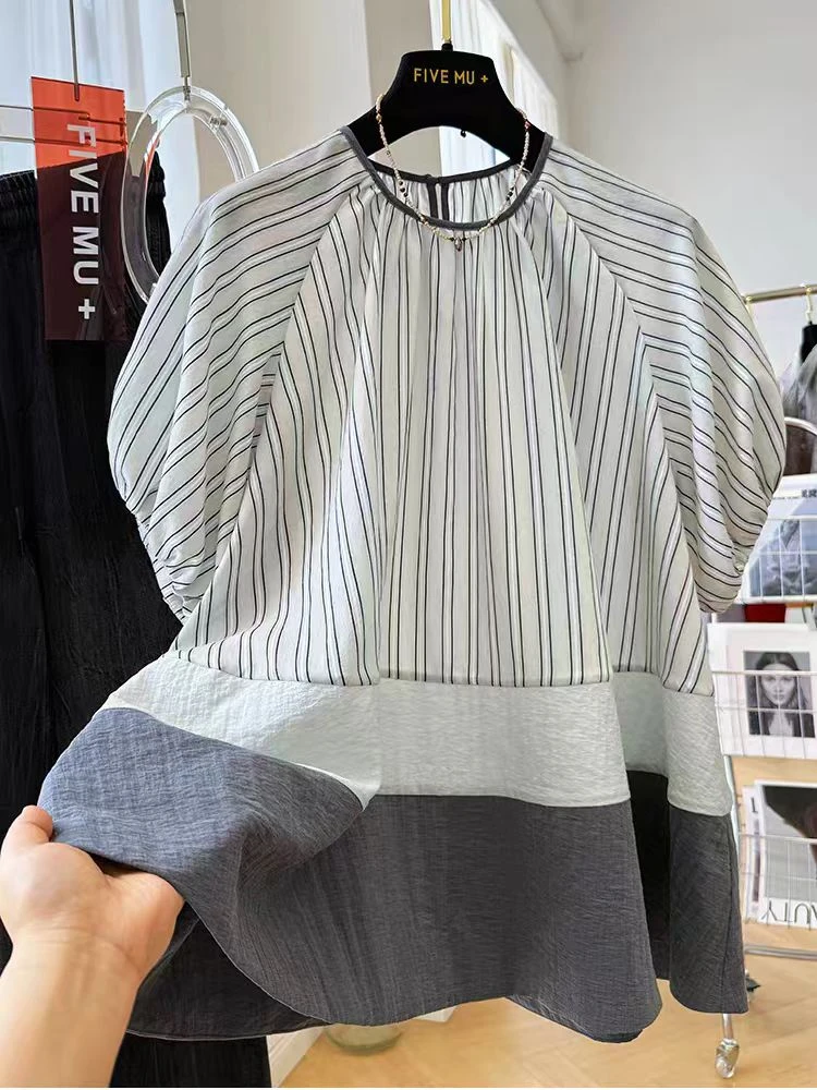 【条条娃娃衫】高级感条纹短袖法式女夏季减龄衬衫气质拼接小衫