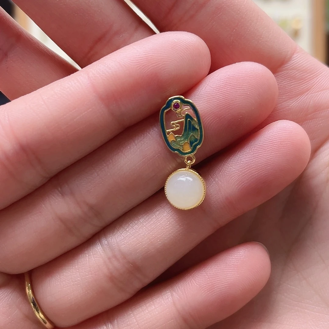 方****和田玉银S925镶嵌耳饰