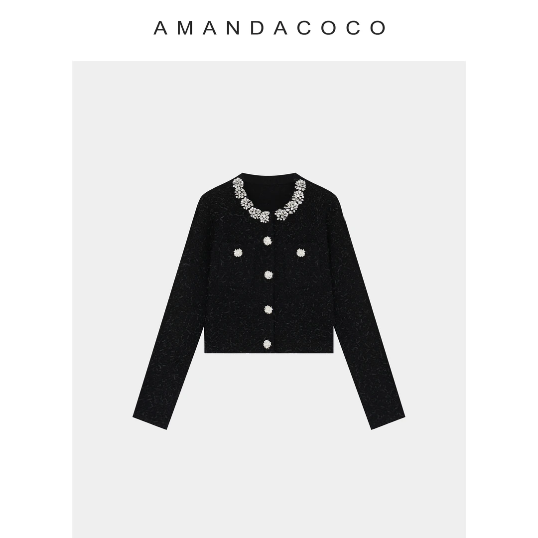 人间富贵～25秋冬轻奢重工镶钻圆领流苏小香风针织上衣