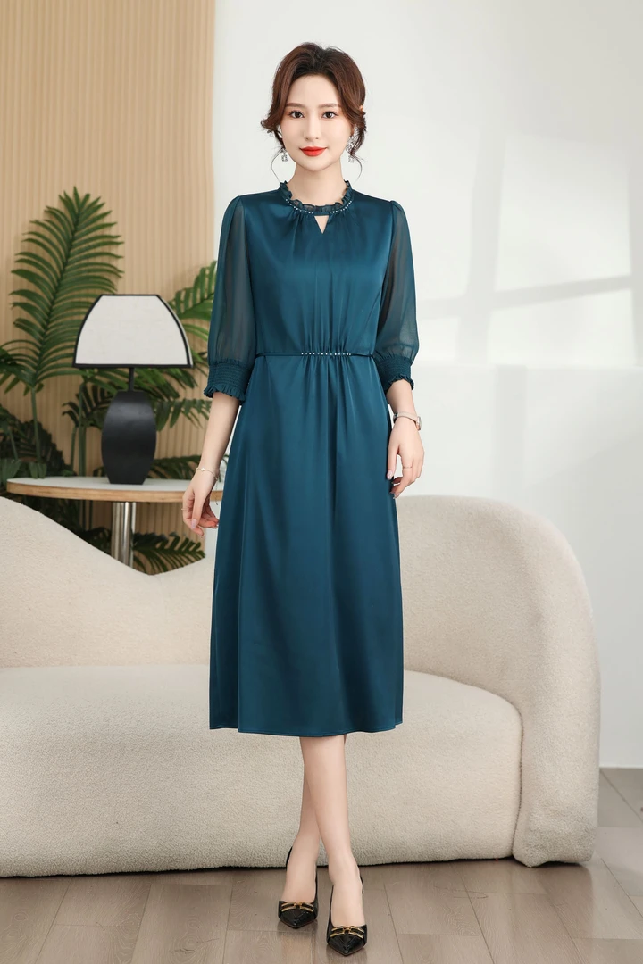 AV领连衣裙高贵七分袖时尚A字裙遮肚衬衫领显瘦气质8193