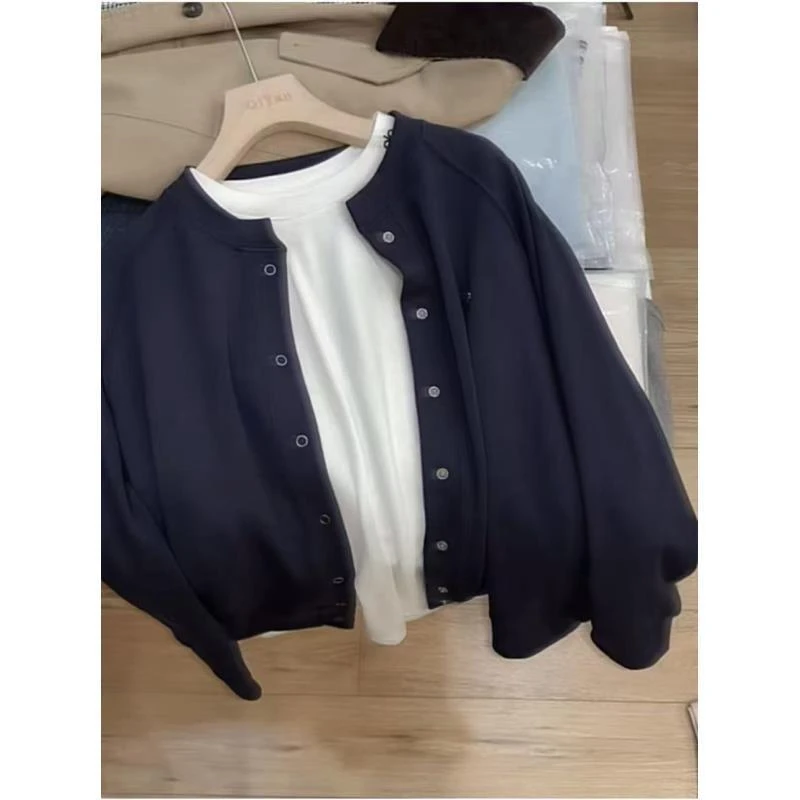 七言家新品！韩版藏青叠穿棒球小外套百搭休闲开衫卫衣