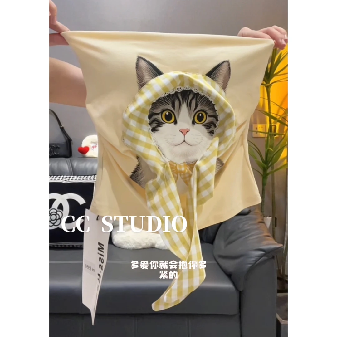 夏季新款抹胸上衣立体格子头巾猫咪设计自带胸垫辣么背心女