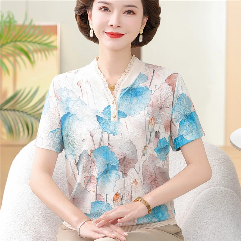 妈妈装短袖冰丝T恤2025夏季新款翻领上衣中老年女花色洋气薄小衫