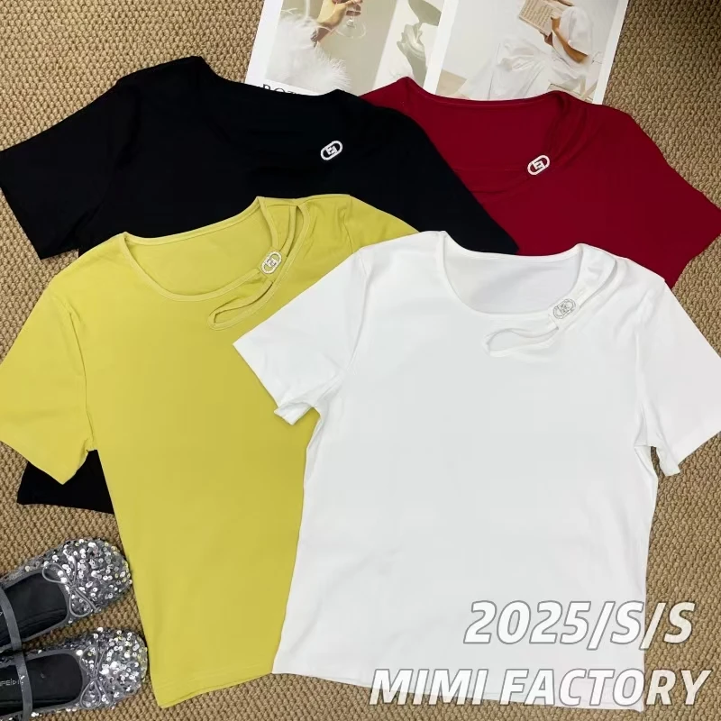 芈芈-2025夏季新款 镂空钻扣设计短袖T恤女修身显瘦上衣#4726