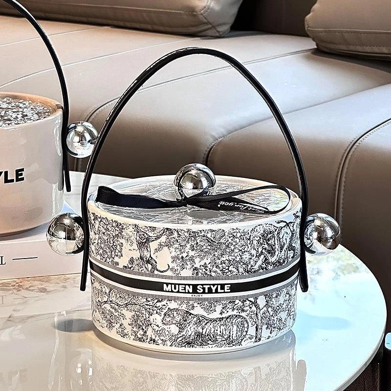 日本进口无印MUJ陶瓷干果盘中古风高档手提水果收纳篮零食摆放盘