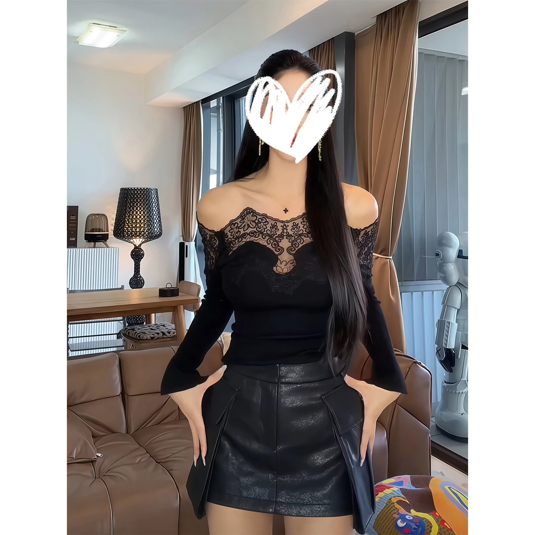 辣妹蕾丝拼接一字领露肩长袖针织衫女秋冬修身显瘦小众设计感上衣