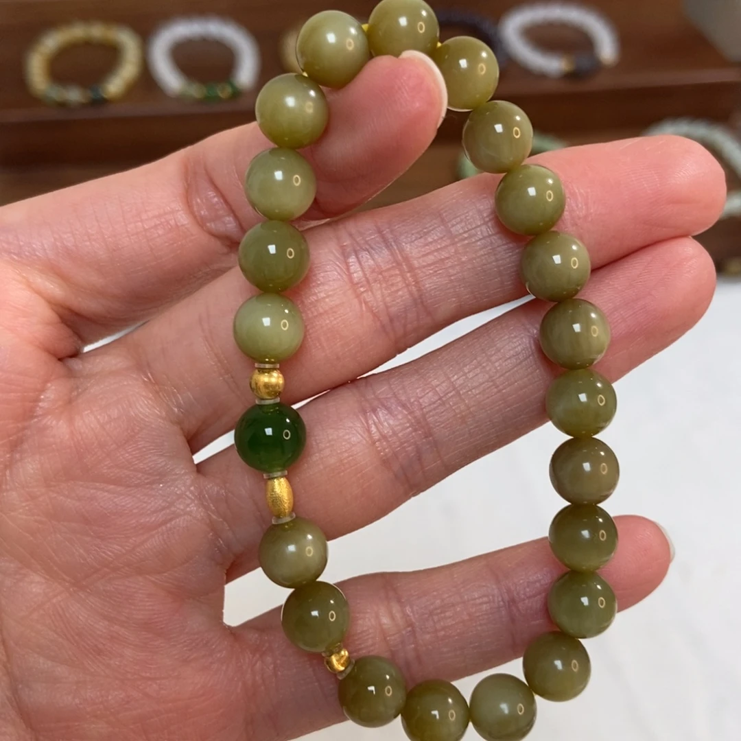 和田玉18K金镶嵌手链8mm黑阳洞碧玉猫